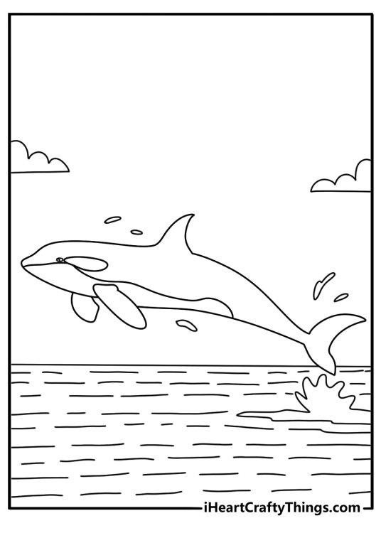 Killer Whale coloring pages scene with an orca pod traveling through open ocean