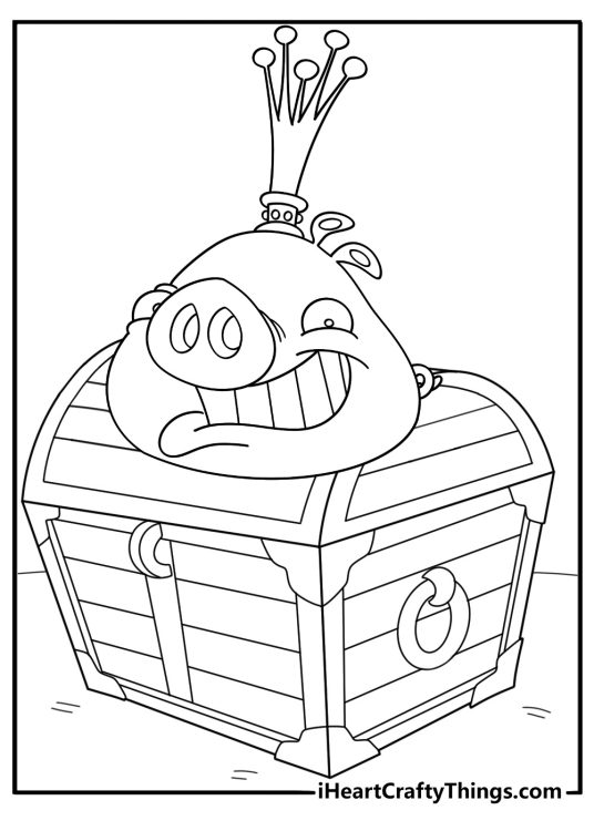 King Pig guarding a treasure chest on a beach pirate theme coloring page pdf