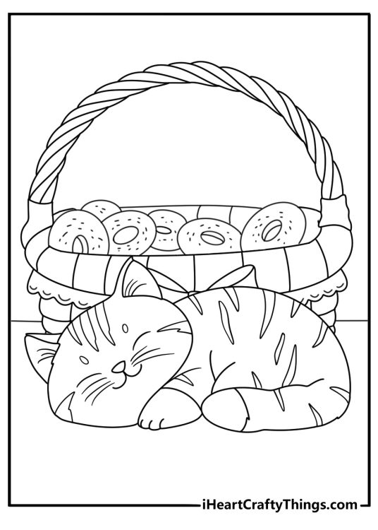 Kitty donut coloring page with a cat curled up in a bakery basket beside donuts