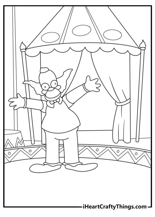 Krusty the Clown hosting tv show stage coloring sheet