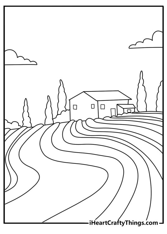 Lavender field with farmhouse and soft clouds simple coloring page printable