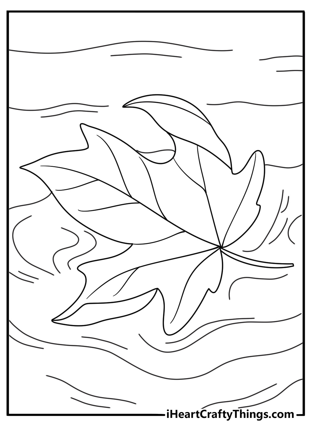 Leaf coloring page for kids with a leaf floating on a pond