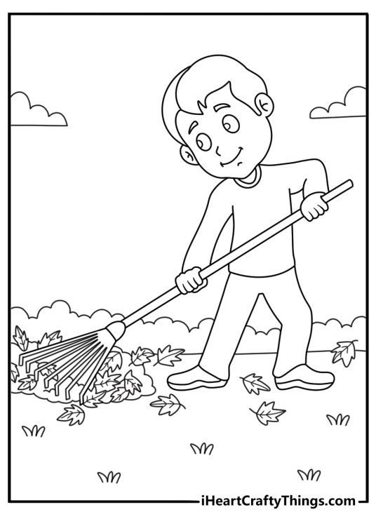Leaf coloring pages scene with a child raking leaves into a pile