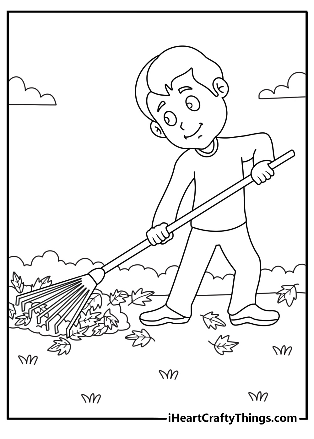 Leaf coloring pages scene with a child raking leaves into a pile