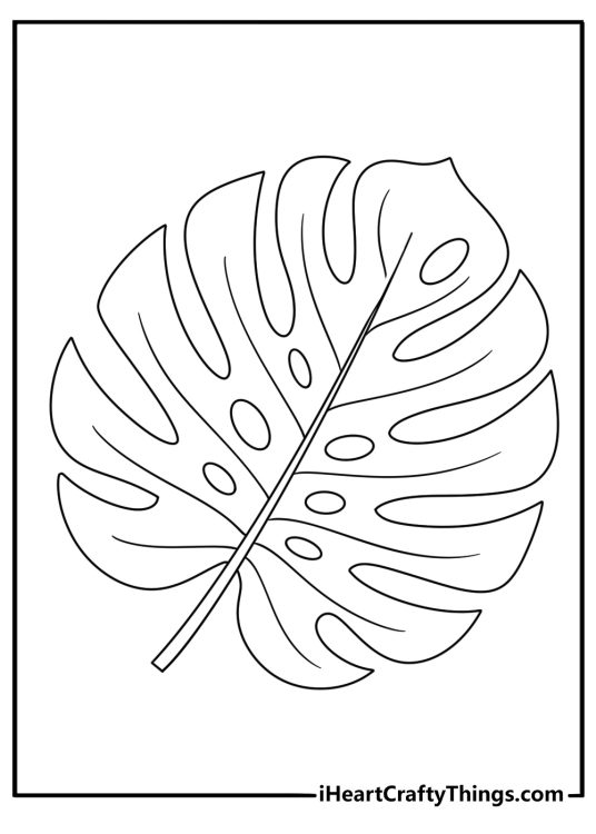 Leaf coloring printable with a tropical monstera leaf and cutout shapes