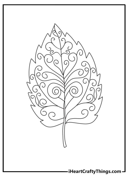 Leaf coloring sheet for adults with swirling patterns around a large leaf