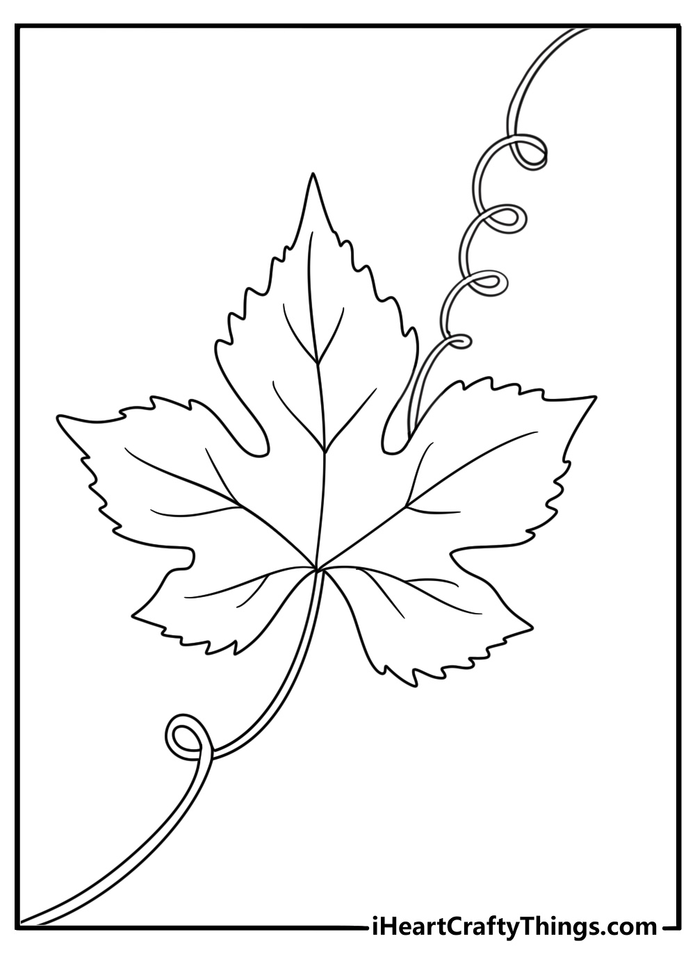 Leaf coloring sheet with a grape leaf attached to a curling vine