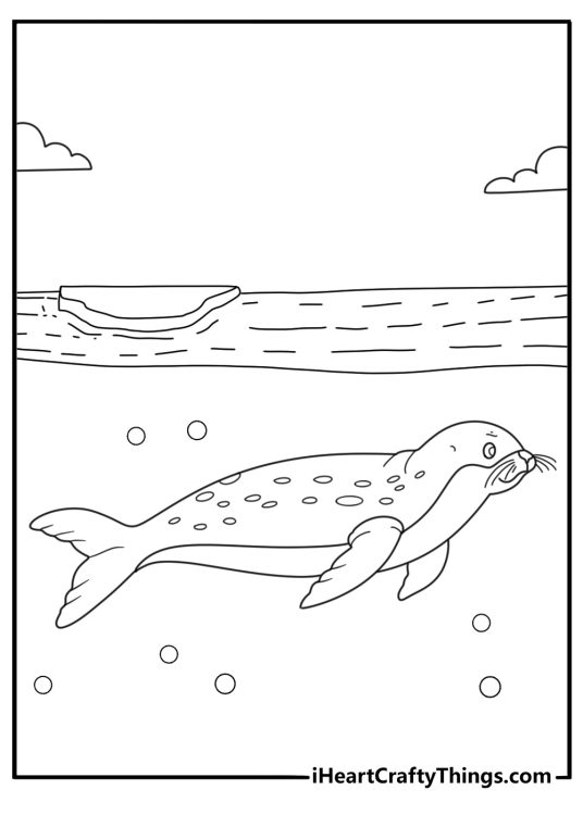 Leopard seal coloring page with long body moving under water surface
