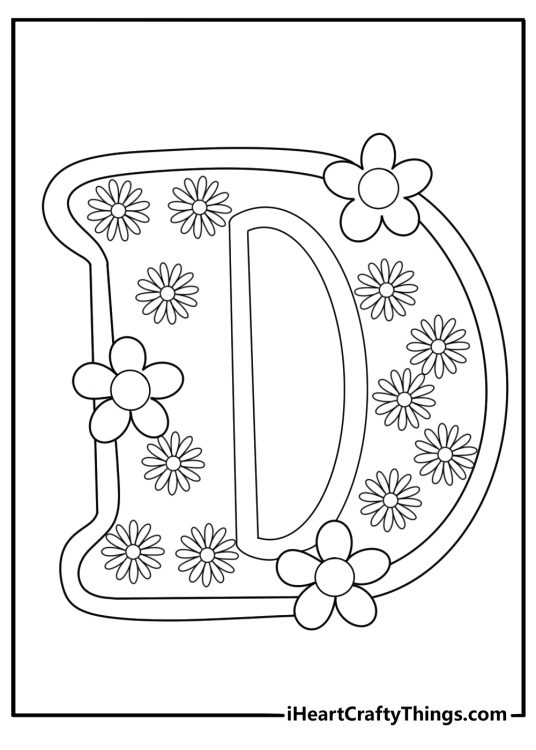Letter D monogram filled with daisies coloring page printable