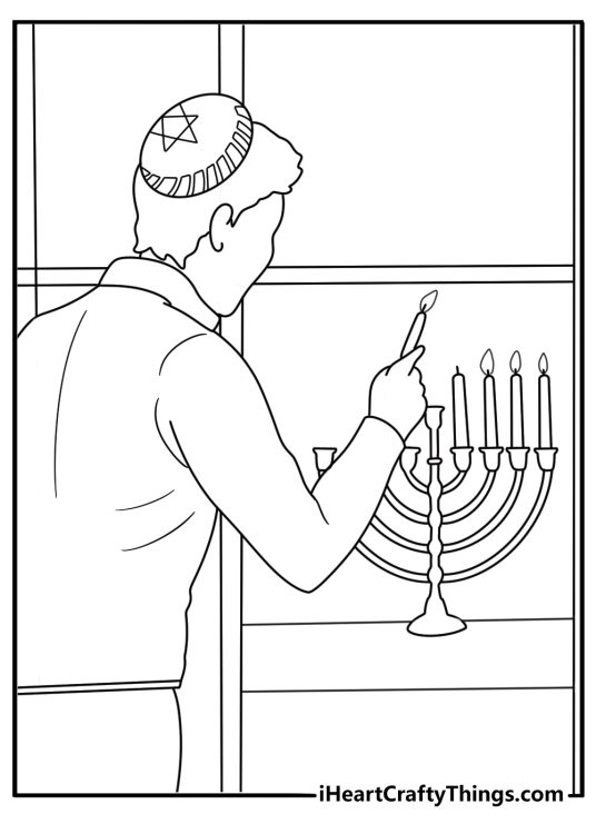 Lighting the shamash to kindle the menorah action scene coloring page for kids