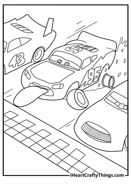 Lightning McQueen crossing the finish line easy printable coloring page