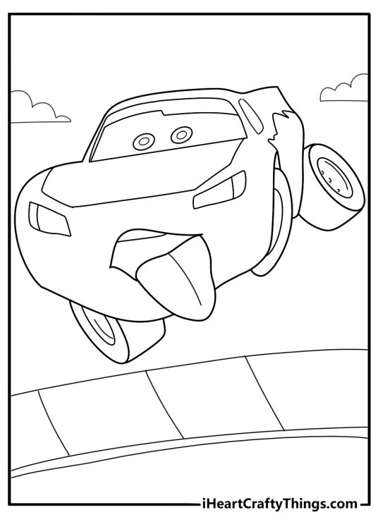 Lightning McQueen from Cars movie in action racing scene coloring sheet for adults
