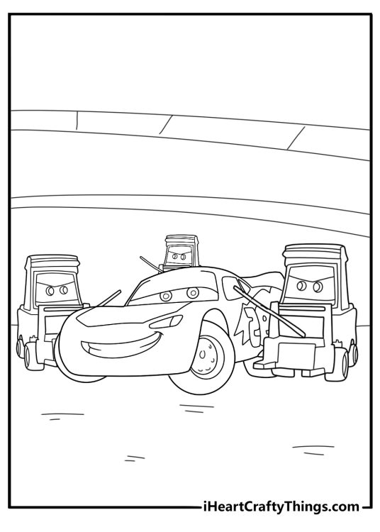Lightning McQueen in pit stop with crew detailed coloring sheet
