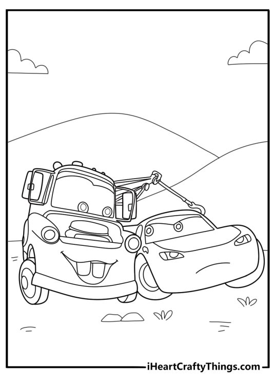 Lightning McQueen next to Mater in Radiator Springs coloring page