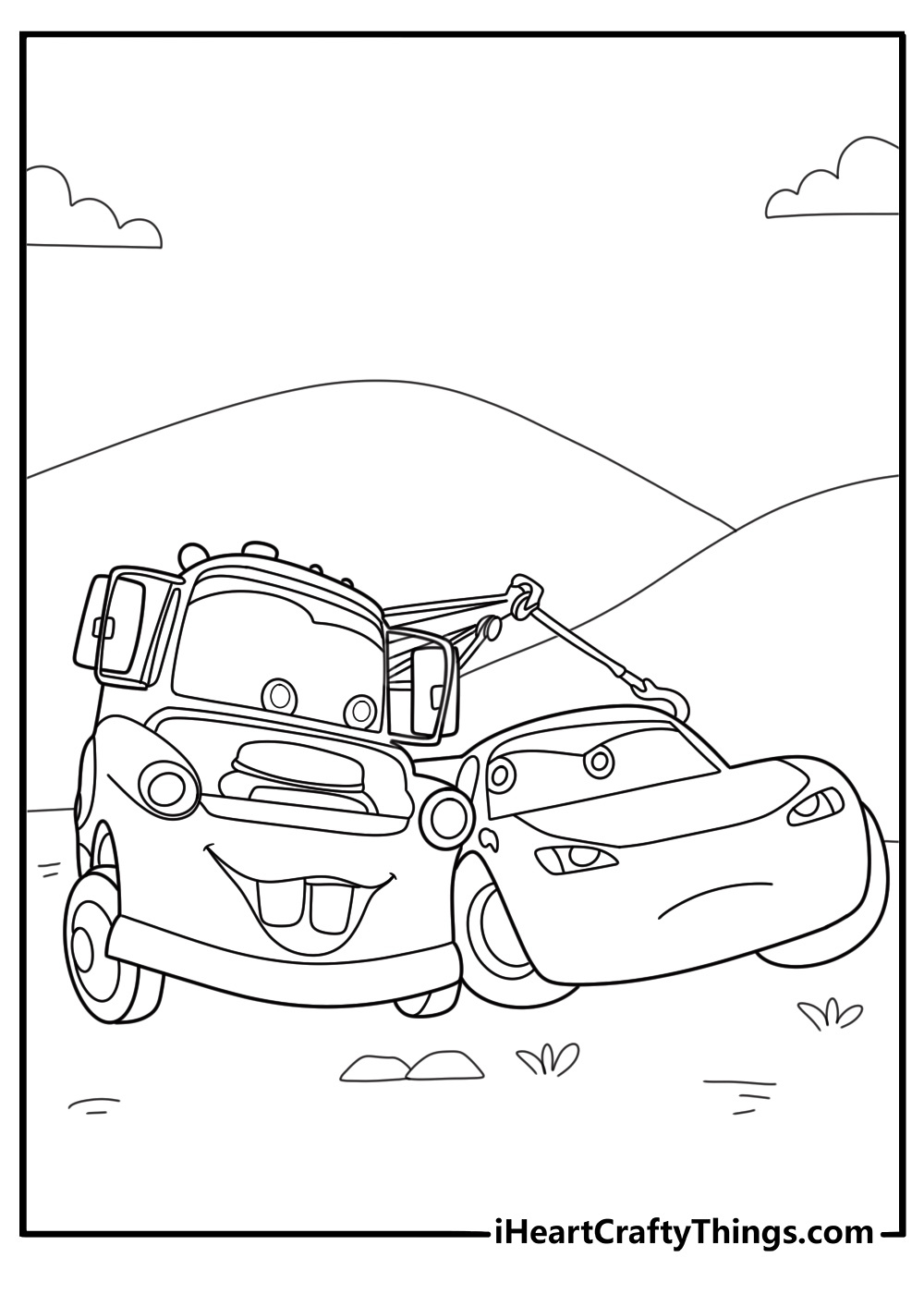 Lightning McQueen next to Mater in Radiator Springs coloring page