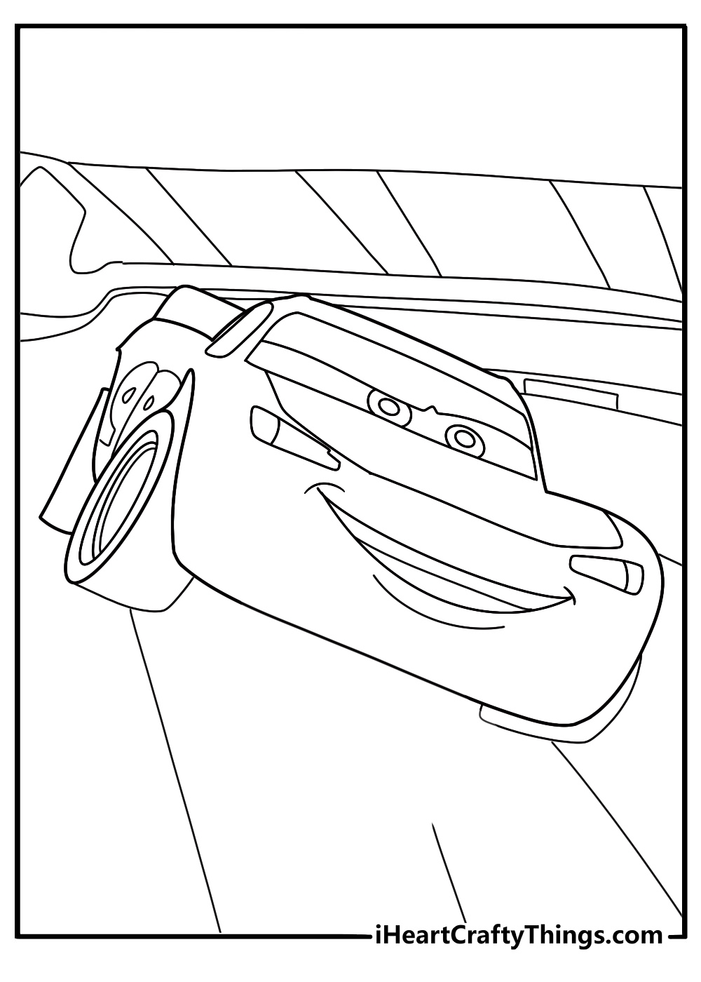 Lightning McQueen racing on a track coloring page for kids