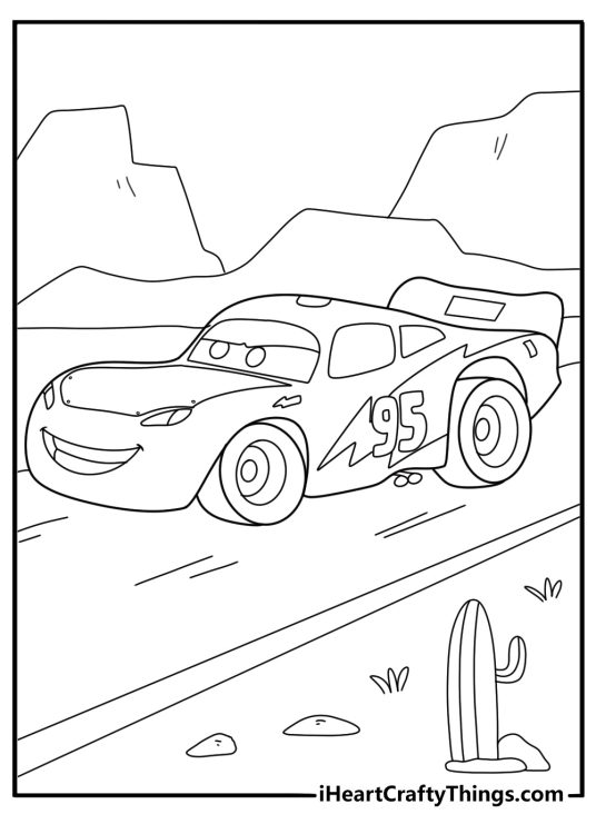 Lightning McQueen speeding through the desert simple coloring sheet