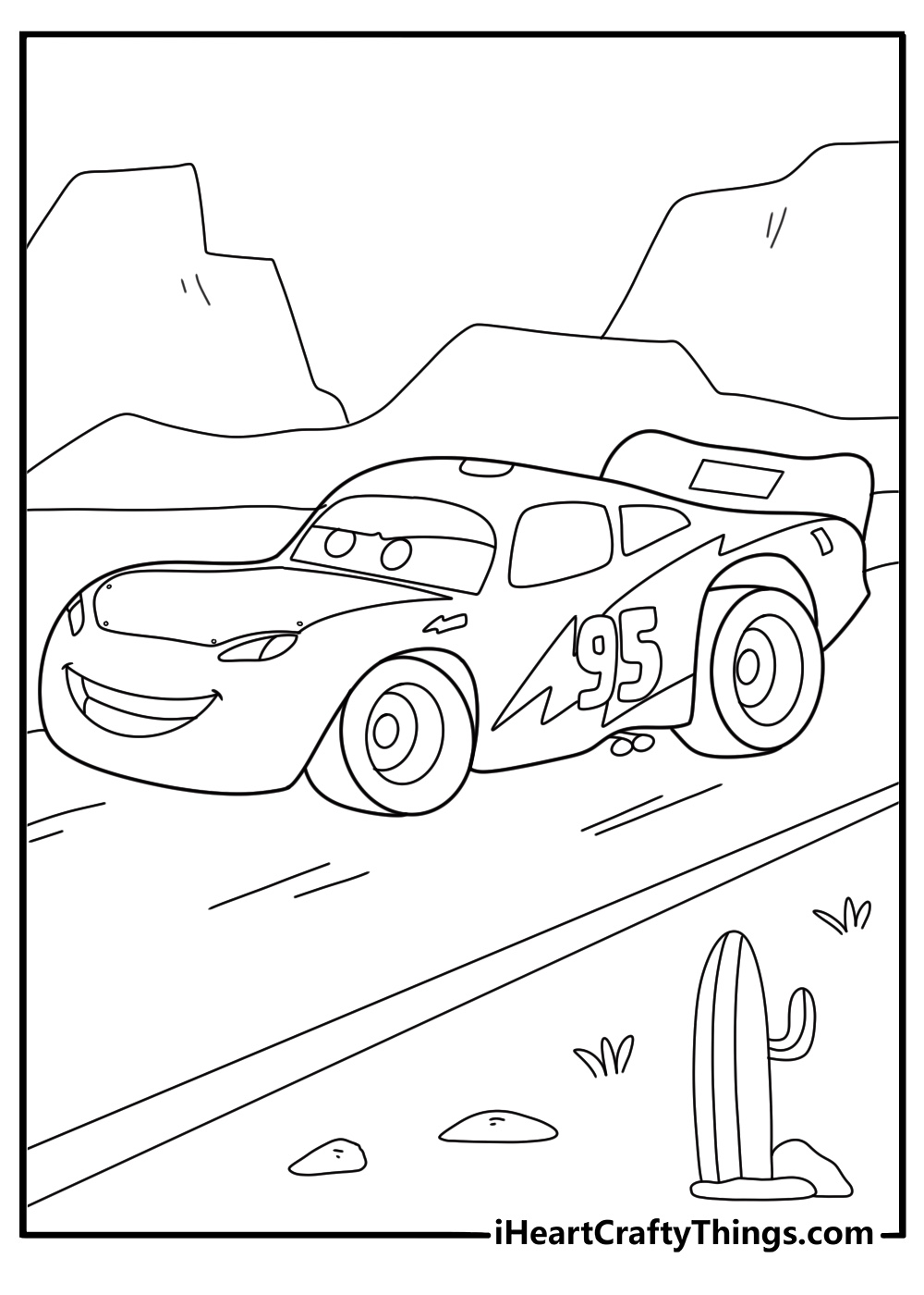 Lightning McQueen speeding through the desert simple coloring sheet