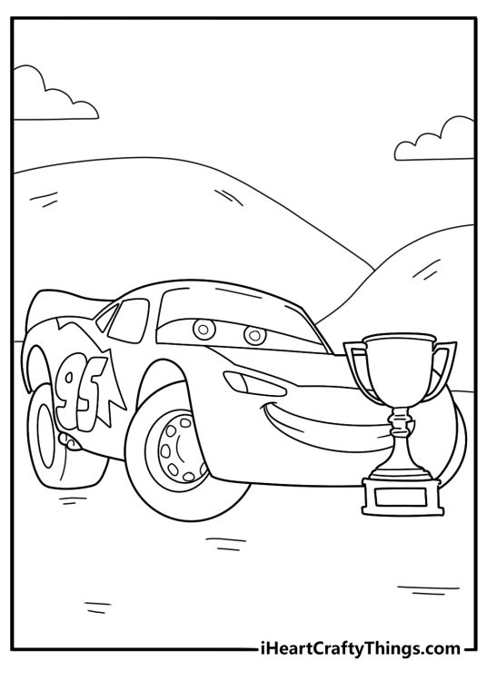 Lightning McQueen with racing trophies around him coloring page for kids