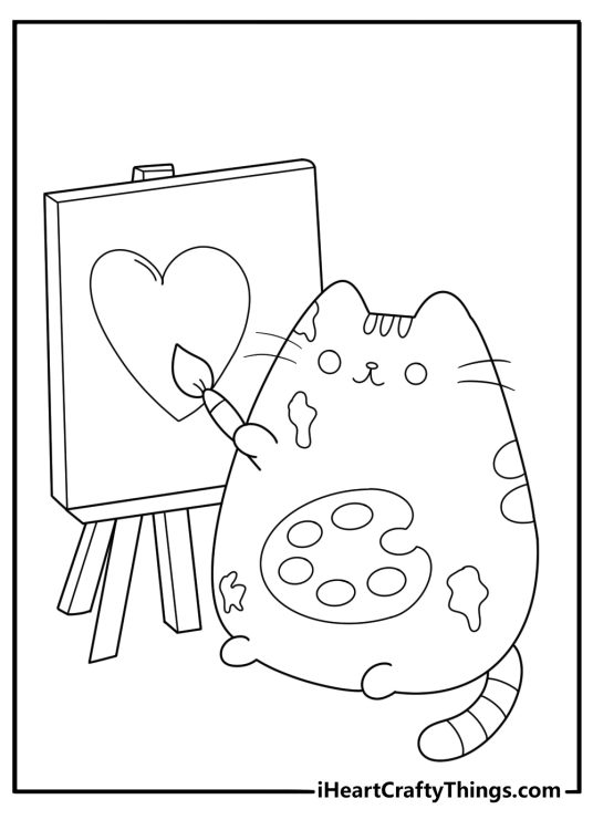 Line art coloring picture of Pusheen painting at an easel with brushes and paint splashes around her