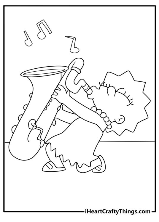 Lisa Simpson playing saxophone music printable coloring page
