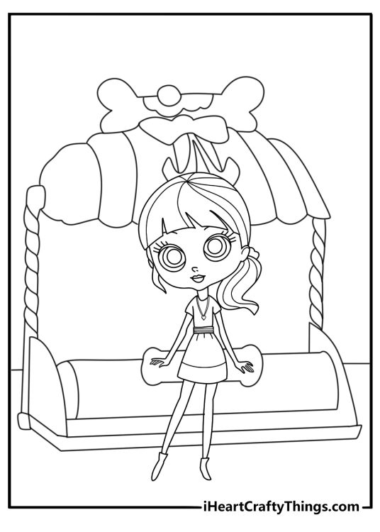 Littlest Pet Shop coloring page for kids with Blythe Baxter at the pet shop counter