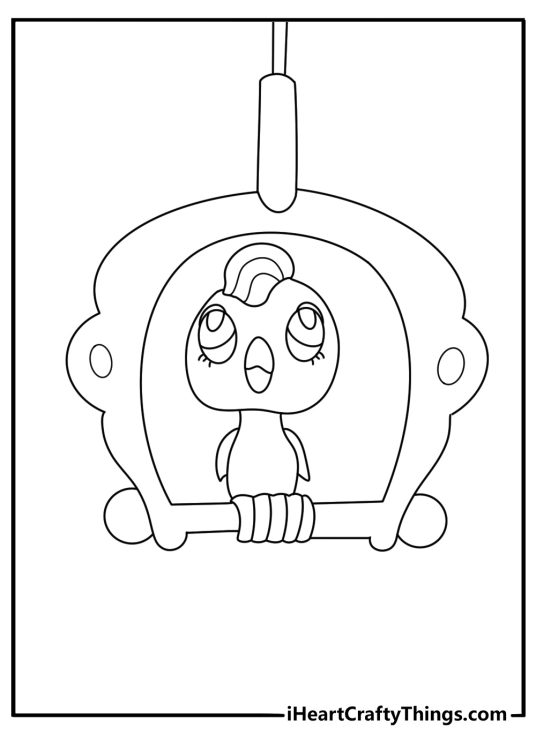 Littlest Pet Shop coloring pages scene with a parrot perched on a swing in a pet cafe