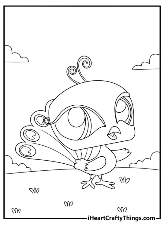 Littlest Pet Shop coloring sheet for adults with a peacock showing patterned tail feathers