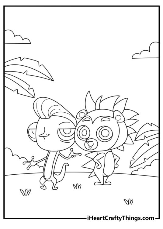 Littlest Pet Shop coloring sheet with Russell Ferguson leading friends on a nature trail