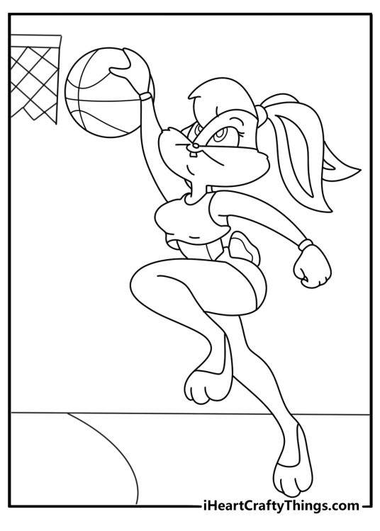 Lola Bunny playing basketball on outdoor court sporty coloring sheet