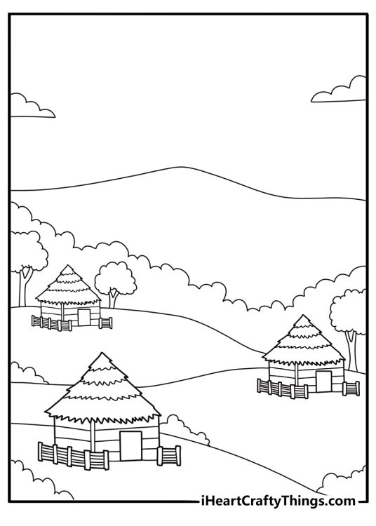 Longhouse village by the forest coloring page printable pdf