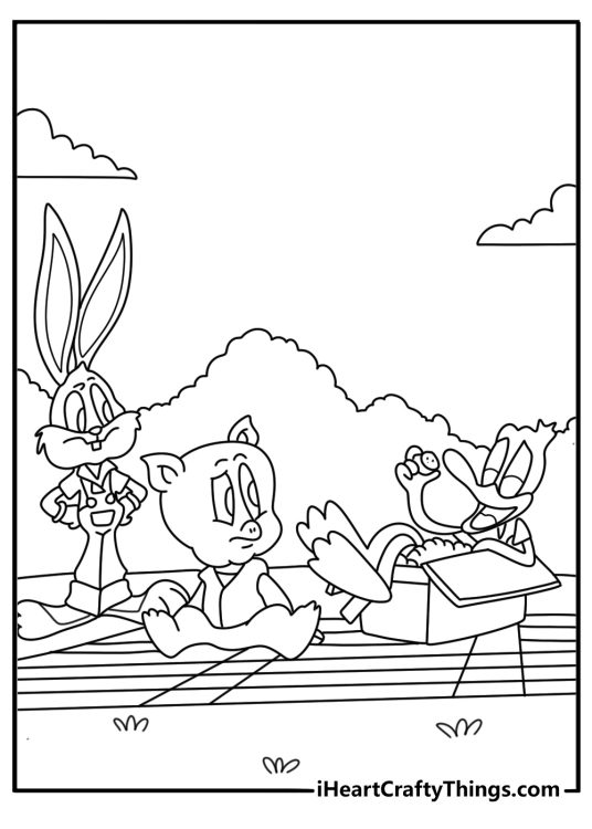 Looney Tunes characters coloring pages with mixed cast in picnic scene