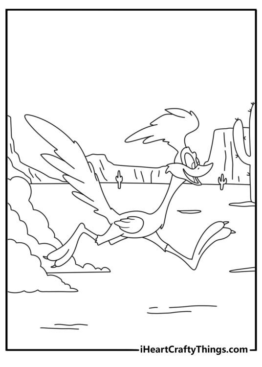 Looney Tunes coloring page with Road Runner speeding along desert road simple printable
