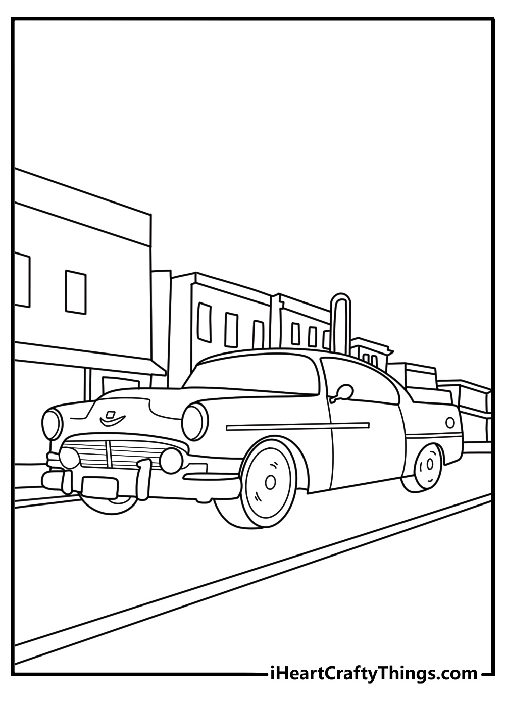 Lowrider Hot Rod with custom rims parked on city street coloring sheet