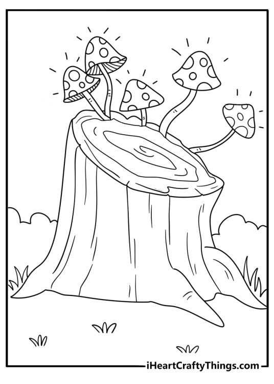 Magical forest coloring pages with glowing mushrooms around a stump