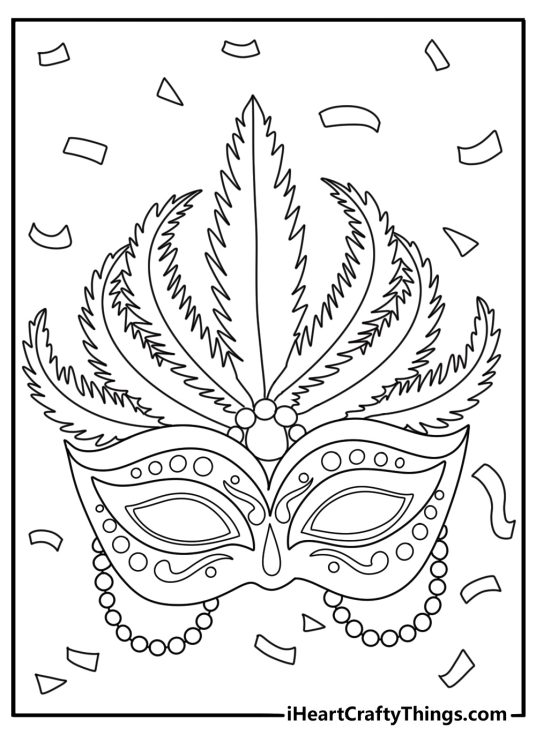 Mardi Gras mask with beads and confetti February carnival coloring page detailed pdf