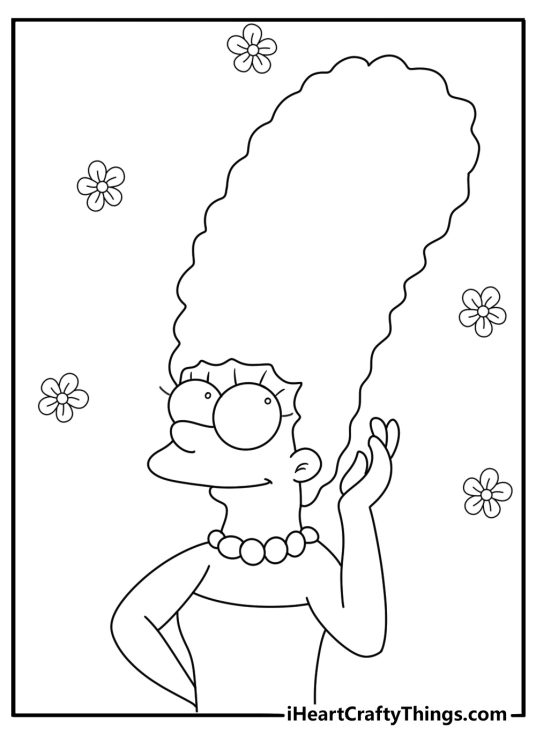 Marge Simpson with tall blue hair close view coloring sheet