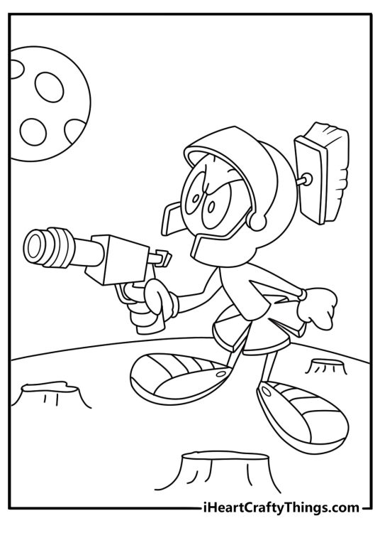 Marvin the Martian aiming ray gun in space detailed coloring sheet for adults