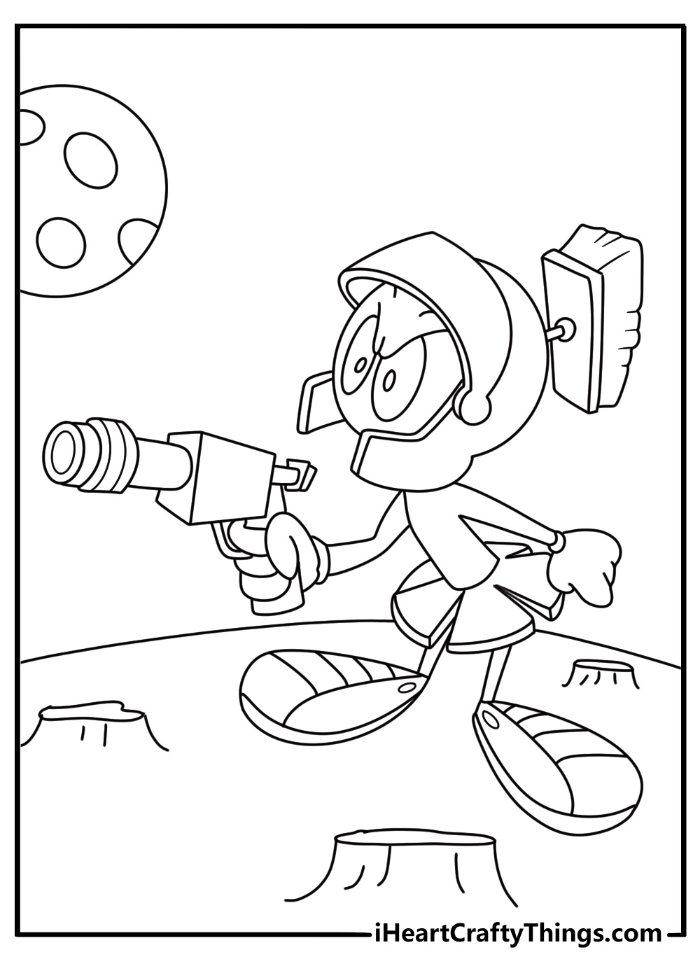 Marvin the Martian aiming ray gun in space detailed coloring sheet for adults
