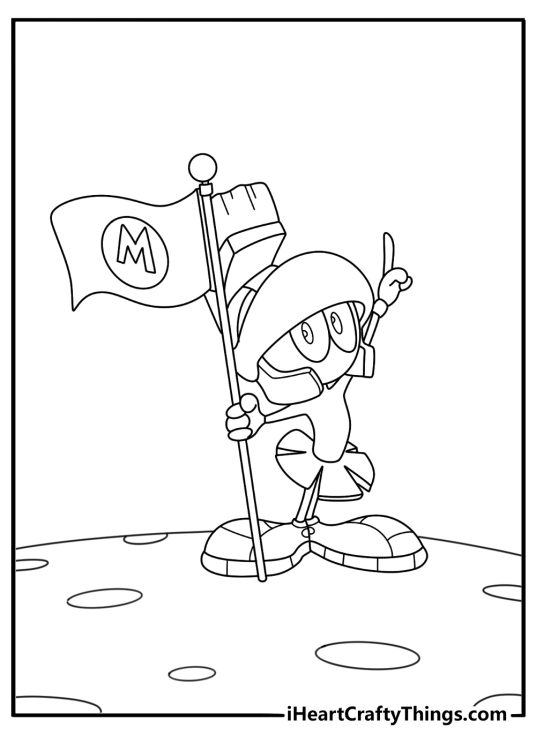 Marvin the Martian standing on small planet with flag detailed coloring page for adults