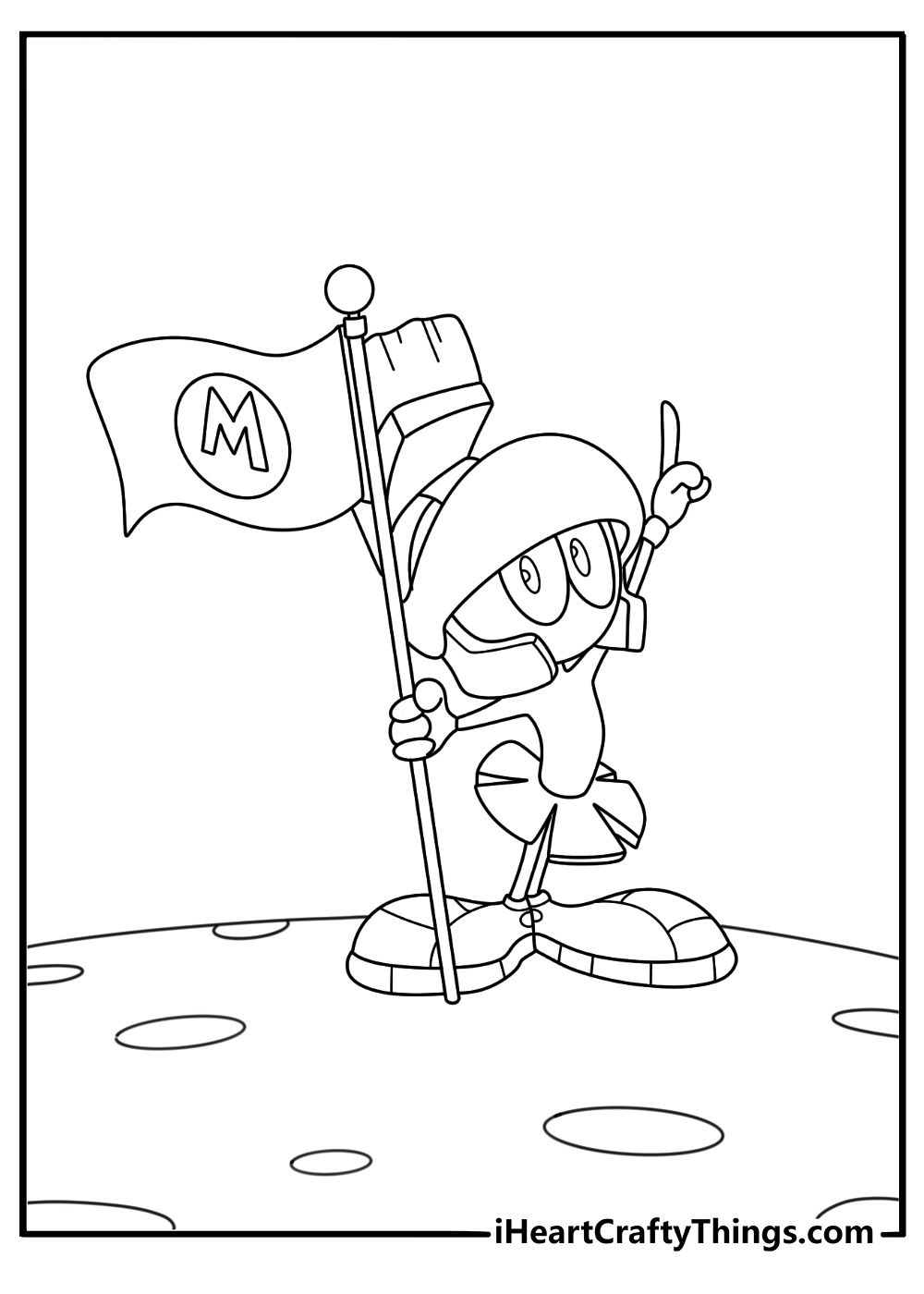 Marvin the Martian standing on small planet with flag detailed coloring page for adults