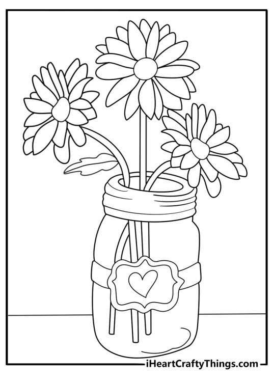 Mason jar with daisies coloring sheet simple printable pdf