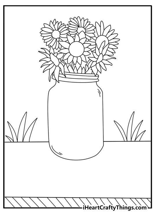 Mason jar with sunflower stems farmhouse coloring page for adults