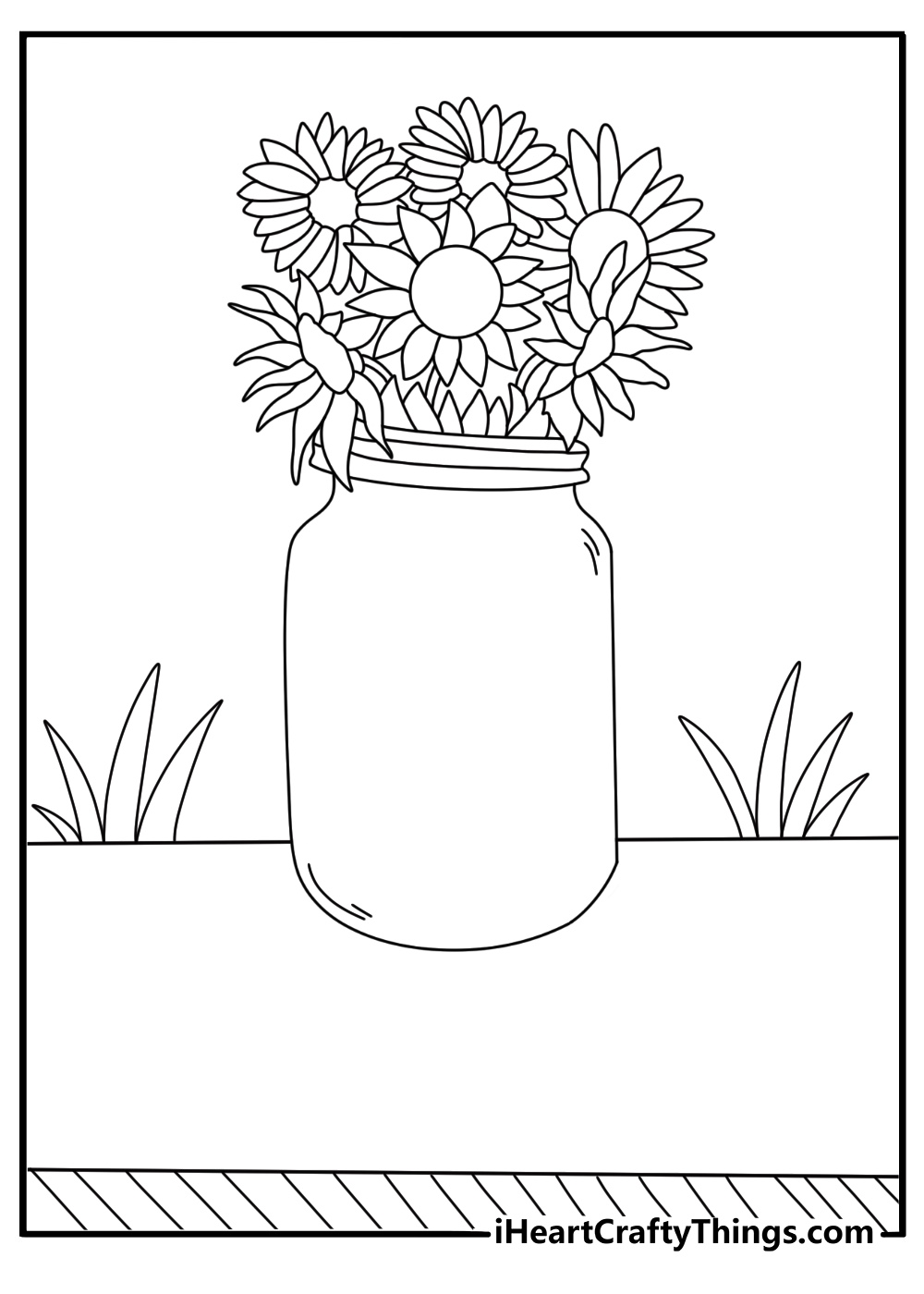 Mason jar with sunflower stems farmhouse coloring page for adults