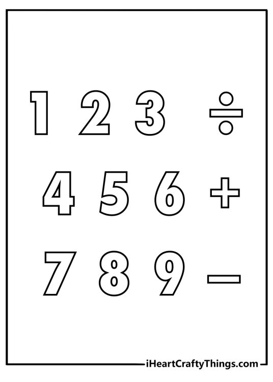 Math symbols and numbers coloring page showing plus minus times divide with digits 1 to 9 printable