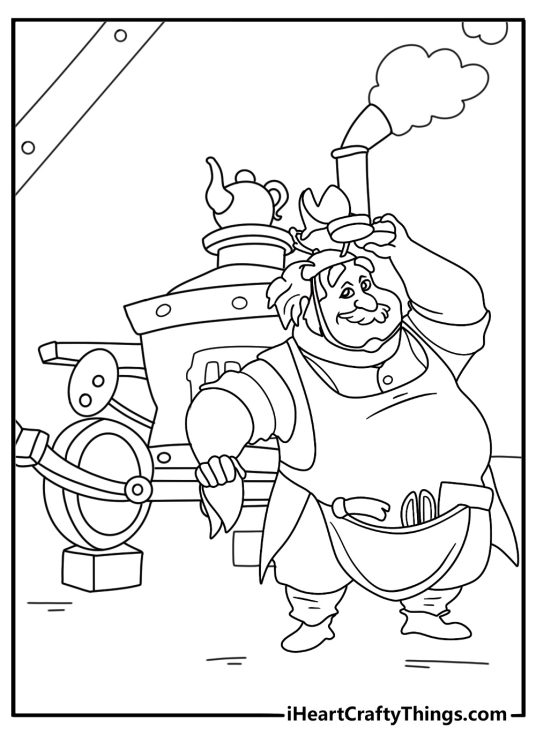 Maurice tinkering in his workshop with gears and tools simple coloring page for kids