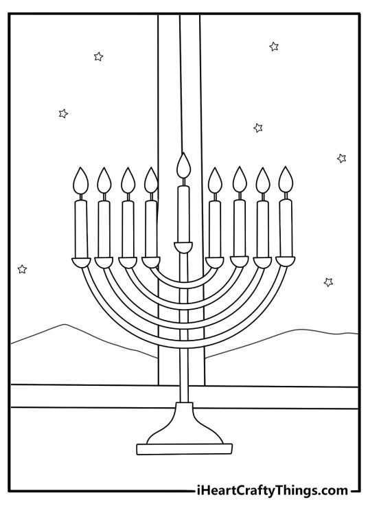Menorah eight candles on window sill at night easy coloring page for kids