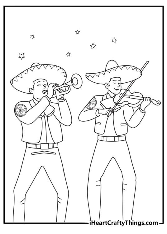 Mexican coloring page with a mariachi band playing trumpets and violin