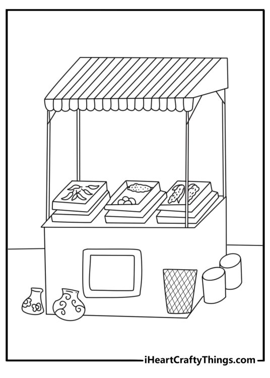 Mexican coloring page with a market stand full of peppers corn and pottery