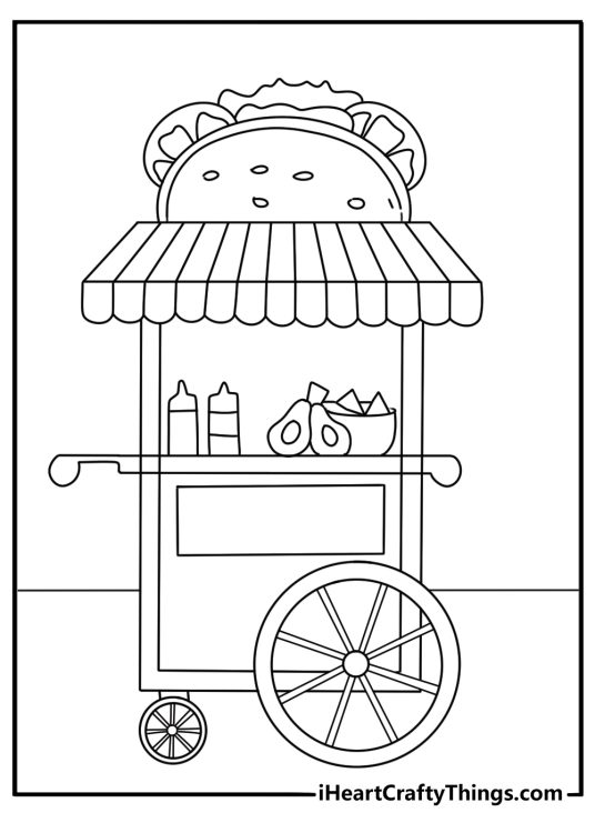 Mexican coloring page with a street cart serving tacos and churros